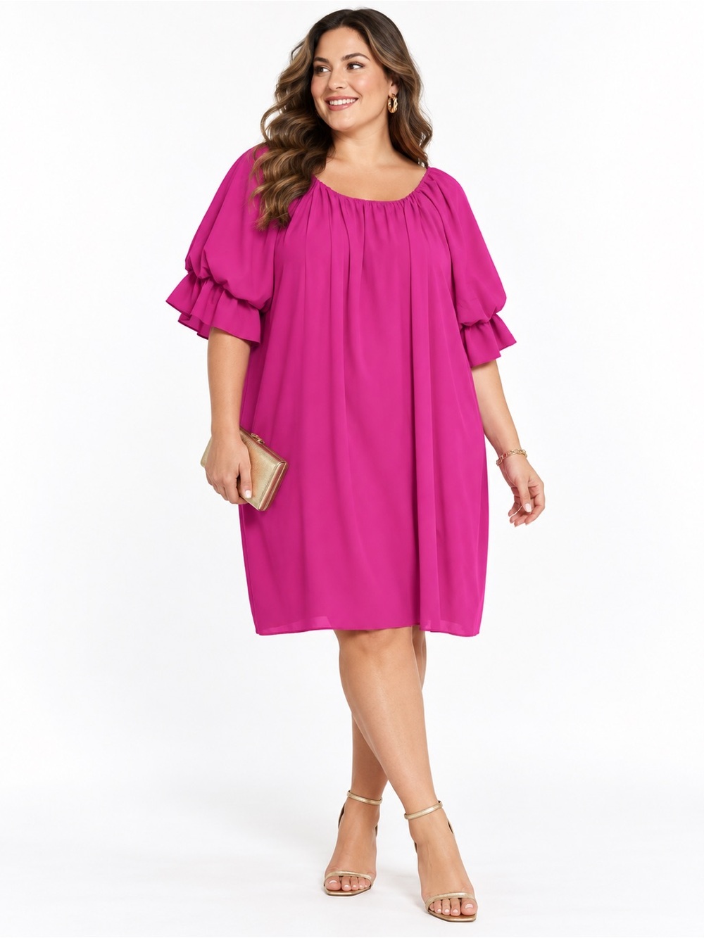 Plus-Size Puff Sleeve Mini Dress in Fuchsia
